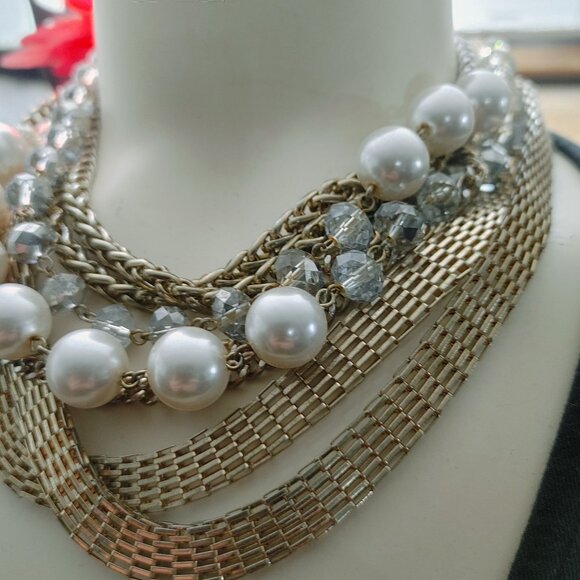 Statement Necklace Multi 8 Strand Glass Crystals Faux Pearls Gold Silver Chunky - Picture 14 of 15
